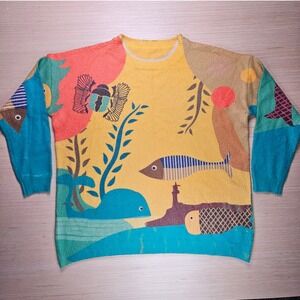 Yenso Nautical Underwater Sweater Colorful Knit Fish Whale Scarab Pullover READ